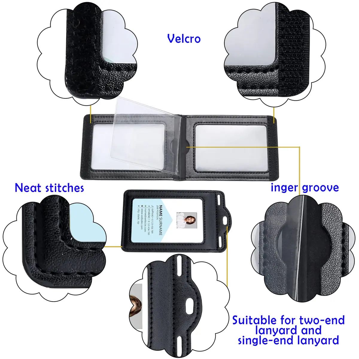 Ouessila Leather Badge Holder with Lanyard, Holds 6+ Cards, Black | Heavy Duty ID Card Holder for Professionals - view 2
