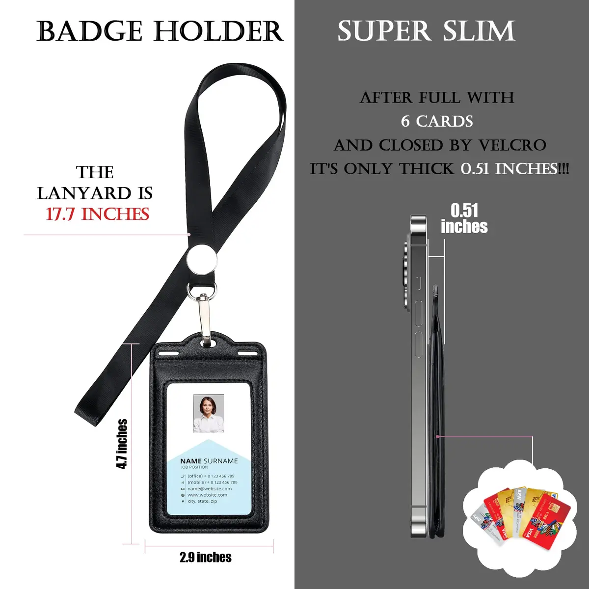Ouessila Leather Badge Holder with Lanyard, Holds 6+ Cards, Black | Heavy Duty ID Card Holder for Professionals - view 3
