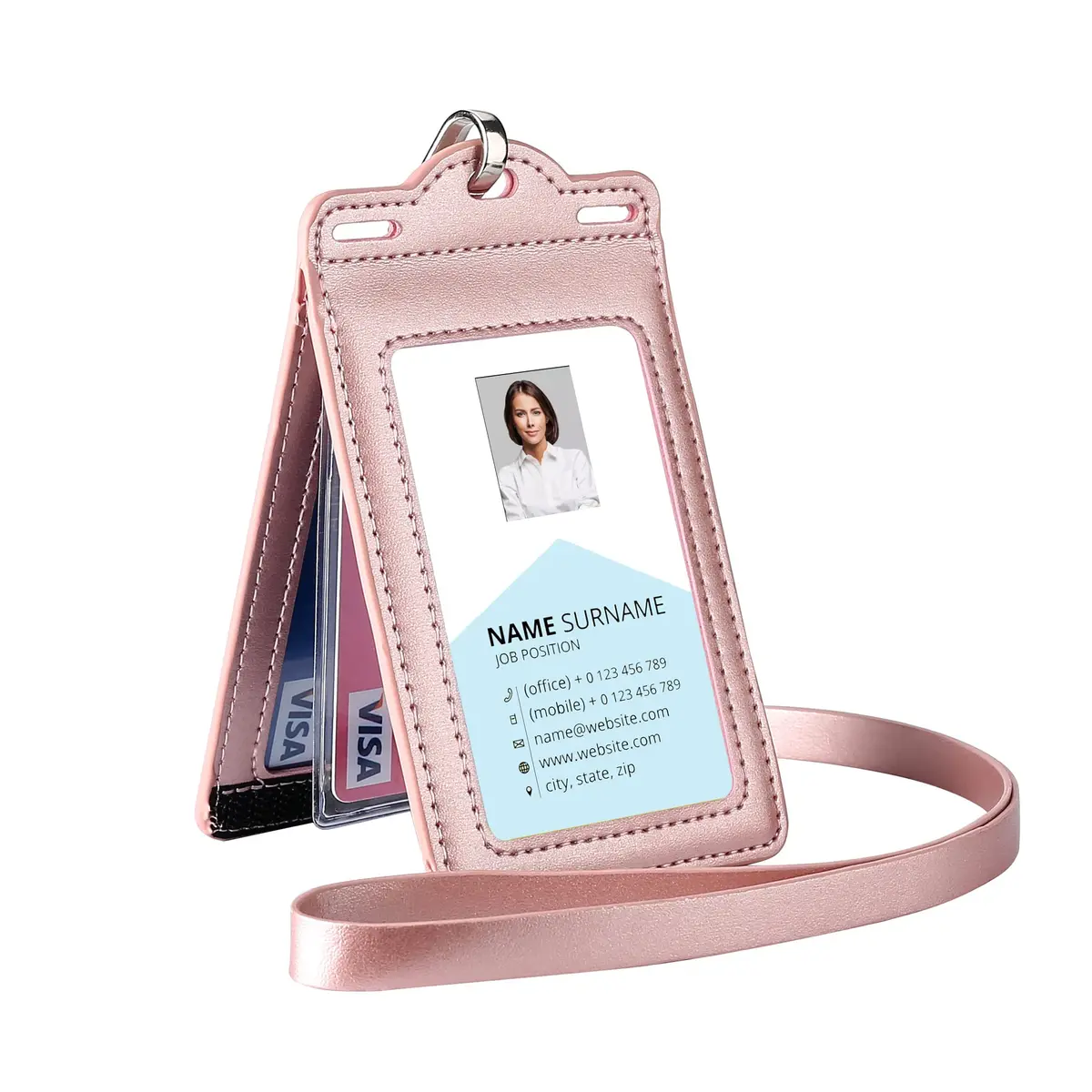 Ouessila Leather Badge Holder with Lanyard, Holds 6 Cards, Trifold ID Card Holder, Rose Gold - main product image