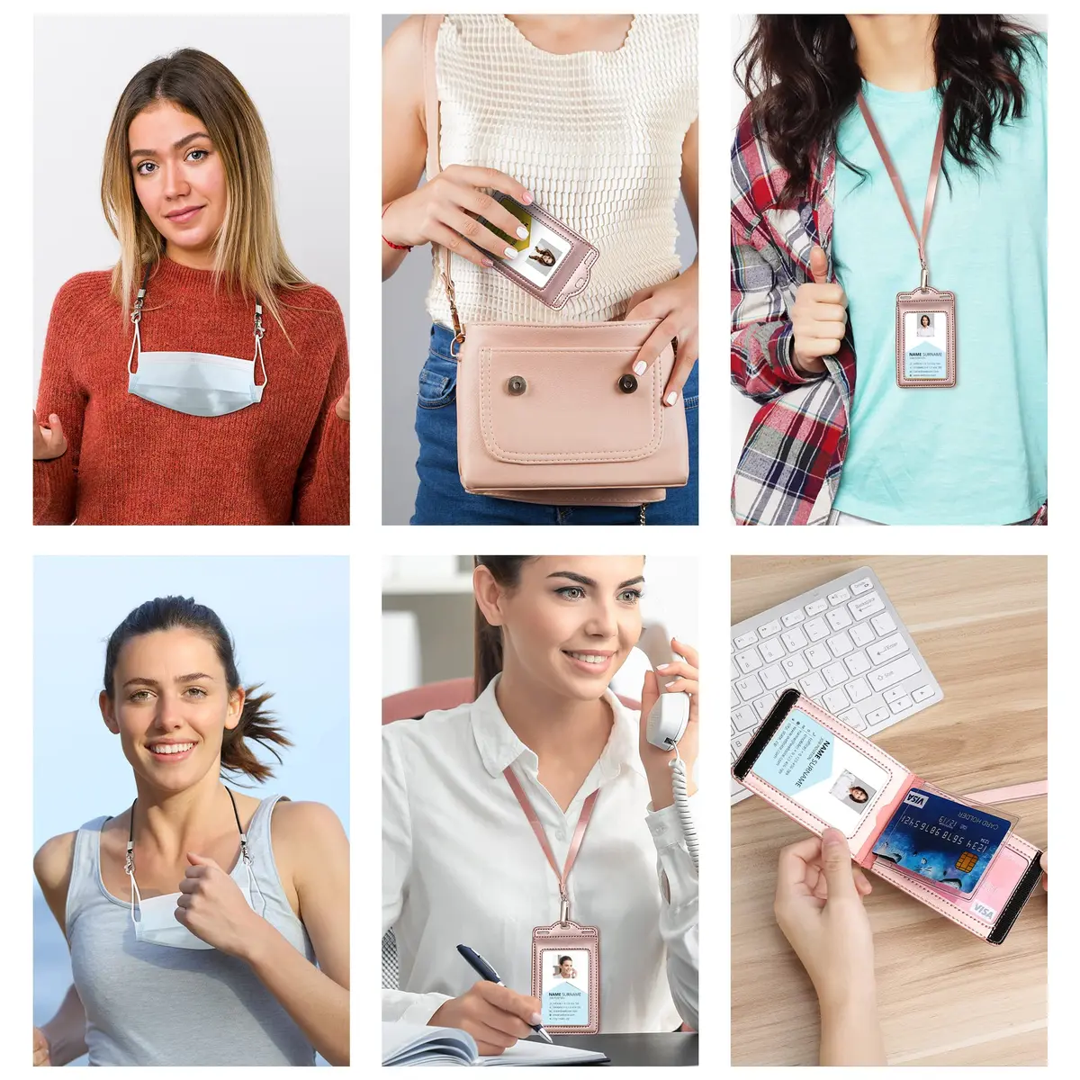 Ouessila Leather Badge Holder with Lanyard, Holds 6 Cards, Trifold ID Card Holder, Rose Gold - view 6