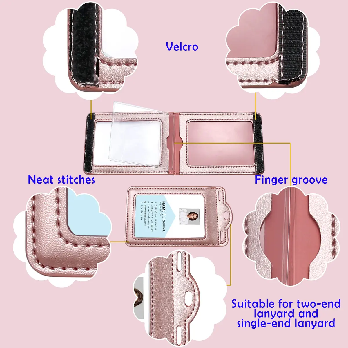 Ouessila Leather Badge Holder with Lanyard, Holds 6 Cards, Trifold ID Card Holder, Rose Gold - view 2