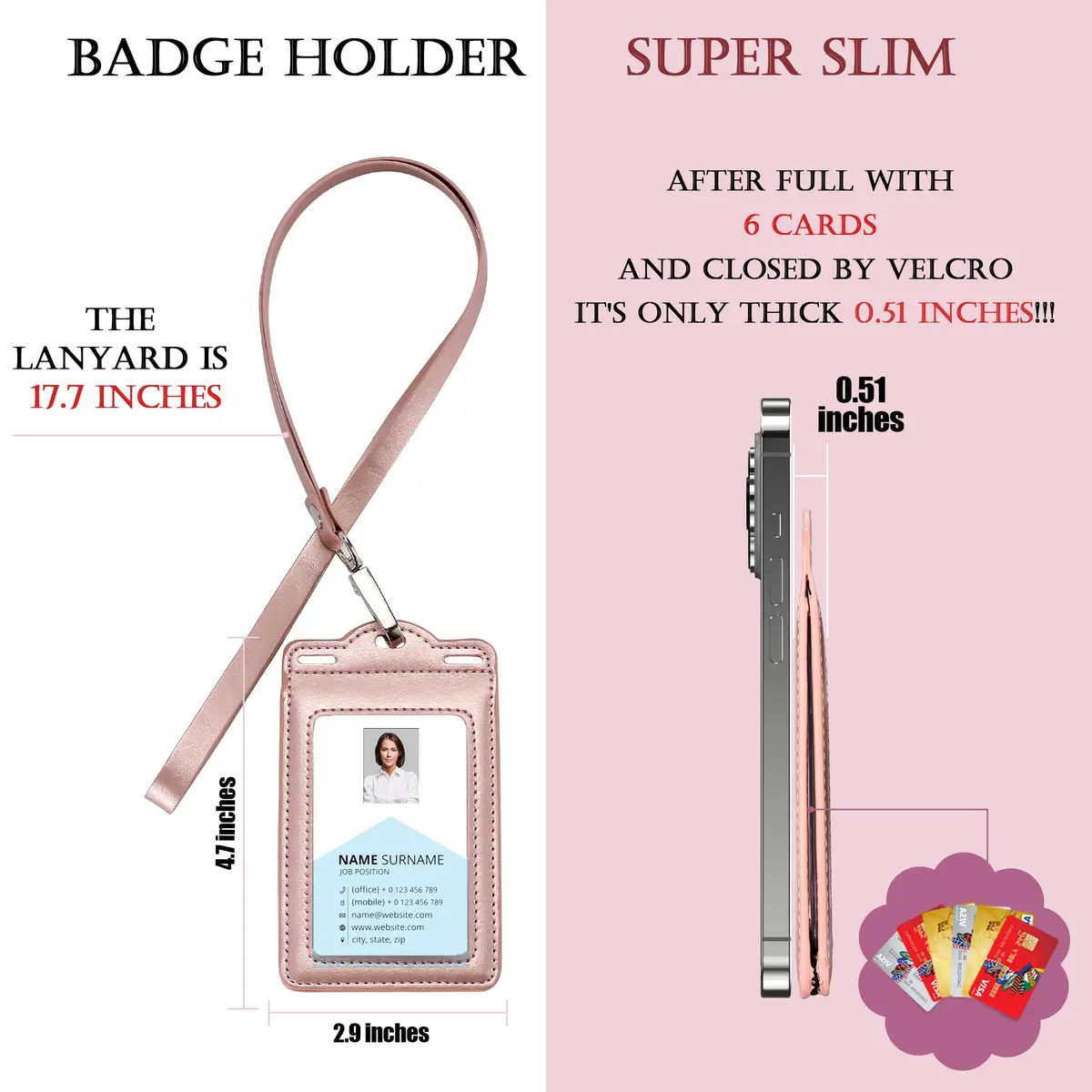 Ouessila Leather Badge Holder with Lanyard, Holds 6 Cards, Trifold ID Card Holder, Rose Gold - view 3