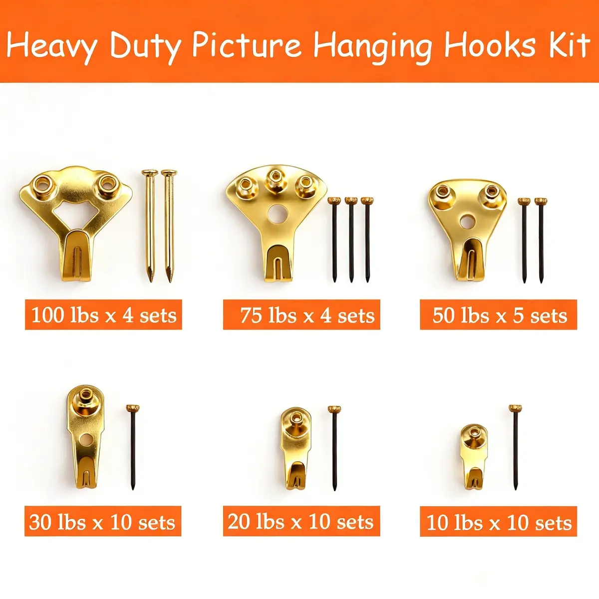 Dianrui Gold 103 PCS Heavy Duty Picture Hangers Kit | 4.5 kg (10 lb) to 45 kg (100 lb) Capacity - view 2