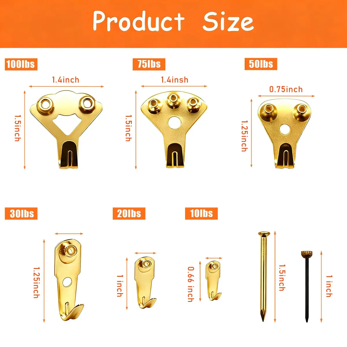 Dianrui Gold 103 PCS Heavy Duty Picture Hangers Kit | 4.5 kg (10 lb) to 45 kg (100 lb) Capacity - view 3