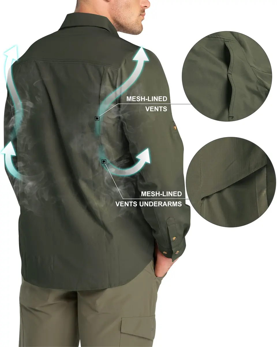 33,000ft Men's Long Sleeve Hiking Shirt UPF 50 Sun Protection 156 g (5.5 oz) Green | Quick Dry Breathable Safari Travel - view 5