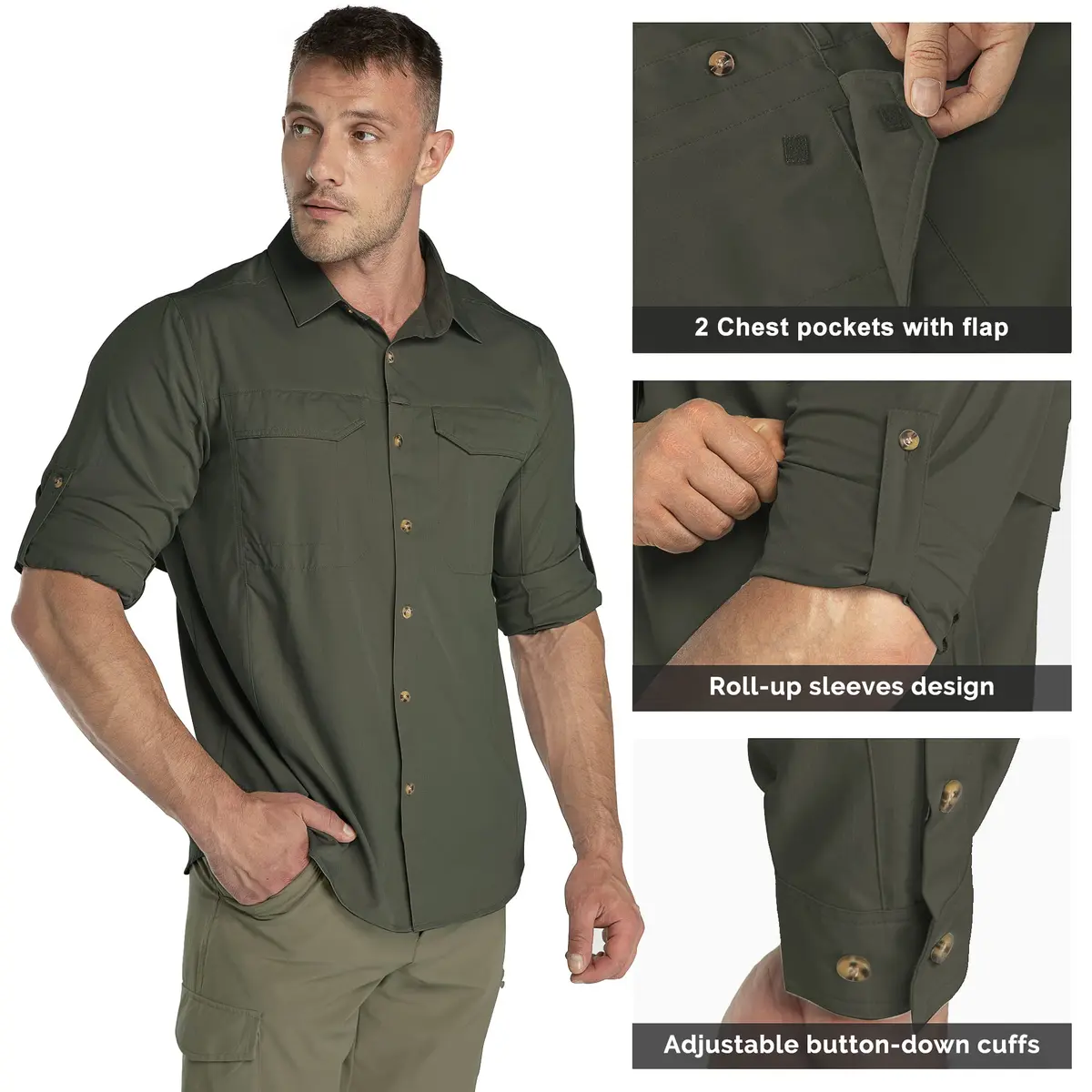 33,000ft Men's Long Sleeve Hiking Shirt UPF 50 Sun Protection 156 g (5.5 oz) Green | Quick Dry Breathable Safari Travel - view 6