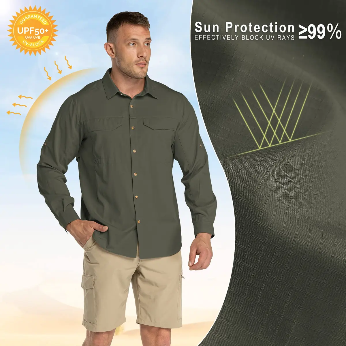33,000ft Men's Long Sleeve Hiking Shirt UPF 50 Sun Protection 156 g (5.5 oz) Green | Quick Dry Breathable Safari Travel - view 3