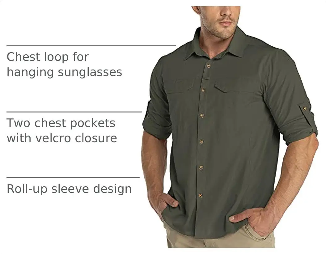 33,000ft Men's Long Sleeve Hiking Shirt UPF 50 Sun Protection 156 g (5.5 oz) Green | Quick Dry Breathable Safari Travel - view 4