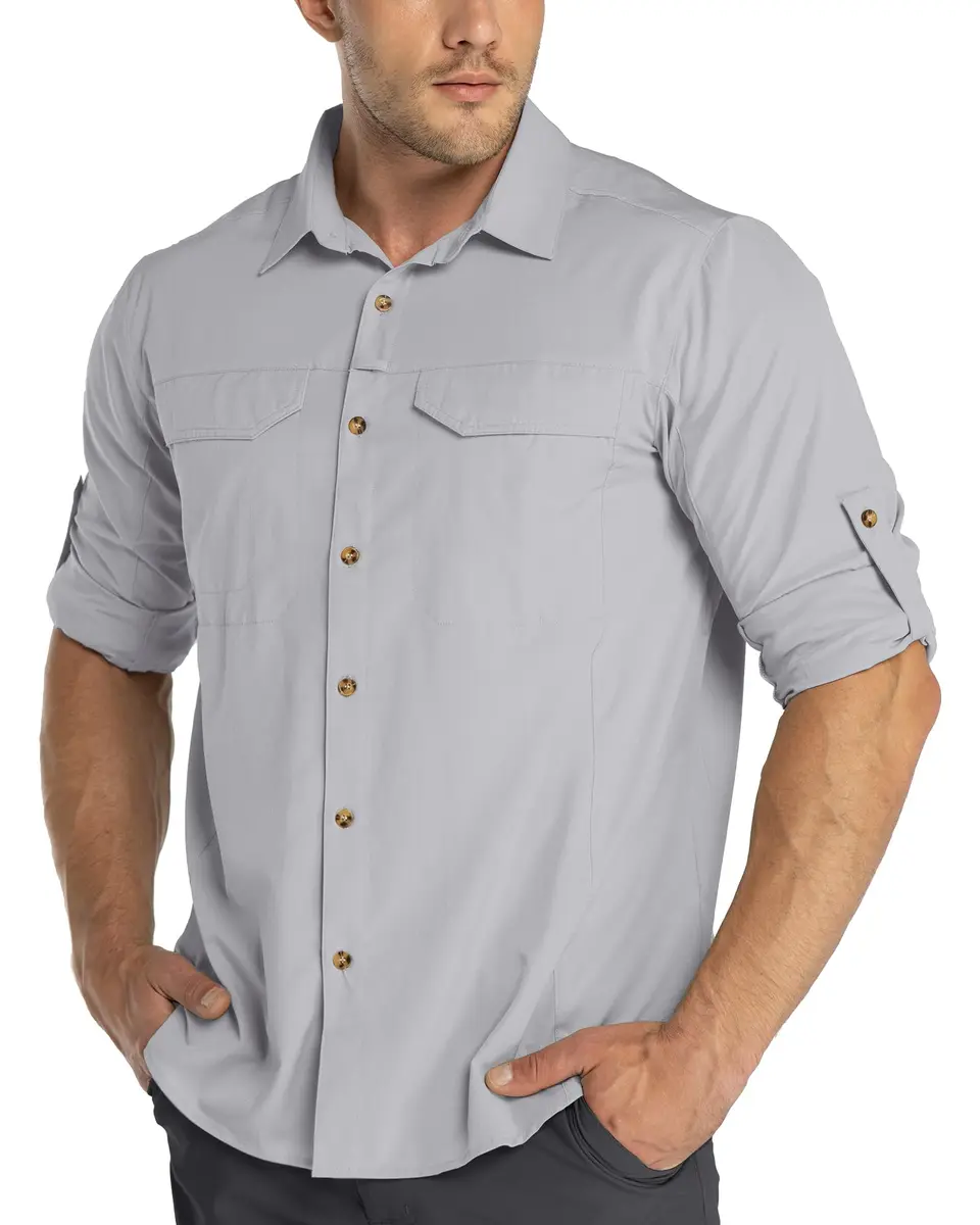 33,000ft Men's Long Sleeve Hiking Shirt UPF 50 Sun Protection Quick Dry Safari Style | Silver Grey Medium - main product image