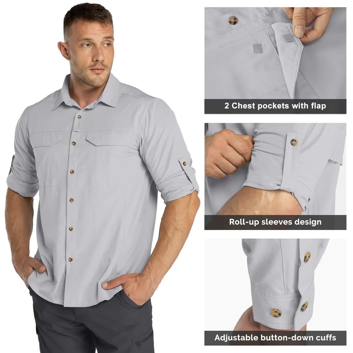 33,000ft Men's Long Sleeve Hiking Shirt UPF 50 Sun Protection Quick Dry Safari Style | Silver Grey Medium - view 6