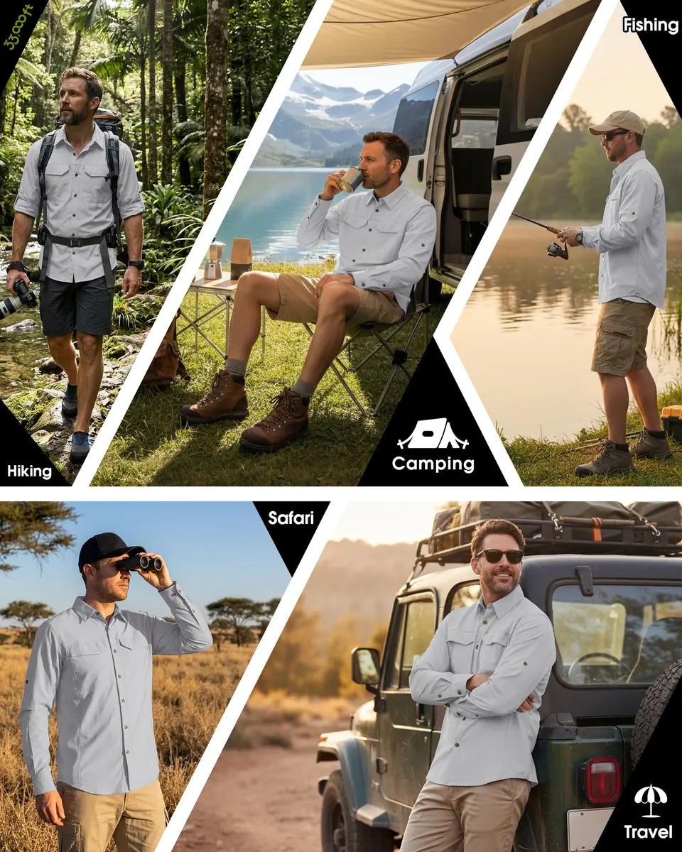 33,000ft Men's Long Sleeve Hiking Shirt UPF 50 Sun Protection Quick Dry Safari Style | Silver Grey Medium - view 2