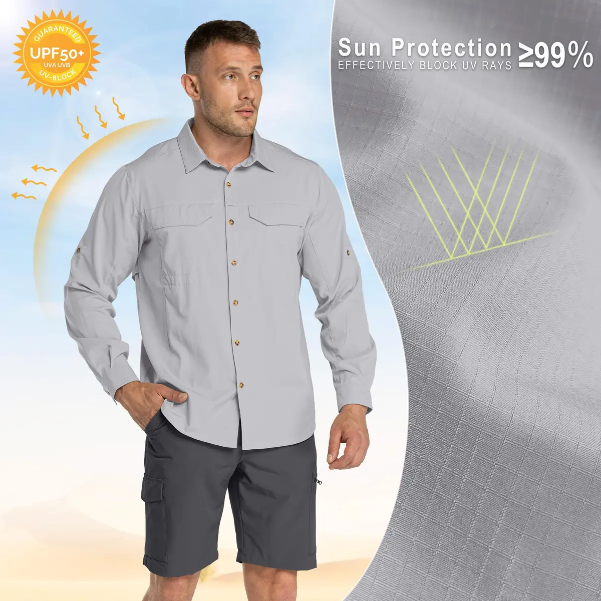 33,000ft Men's Long Sleeve Hiking Shirt UPF 50 Sun Protection Quick Dry Safari Style | Silver Grey Medium - view 3