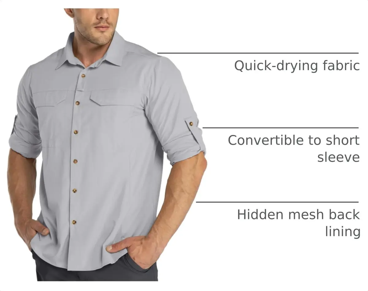 33,000ft Men's Long Sleeve Hiking Shirt UPF 50 Sun Protection Quick Dry Safari Style | Silver Grey Medium - view 4