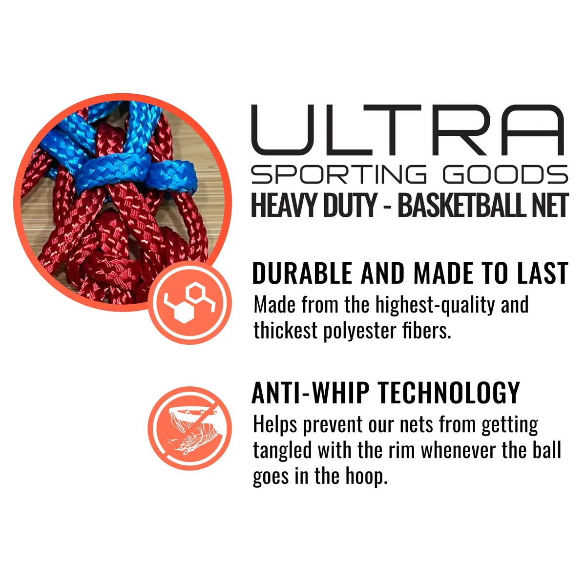 Ultra Sporting Goods Heavy Duty Basketball Net Replacement | All Weather Anti Whip, Fits Standard Indoor or Outdoor Rims (21 inches, 12 loops) - view 5