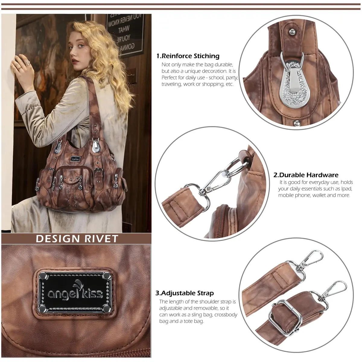 Angel Kiss Large Hobo Handbag for Women Brown | Soft PU Leather, Multi-Pocket Organizer - view 5