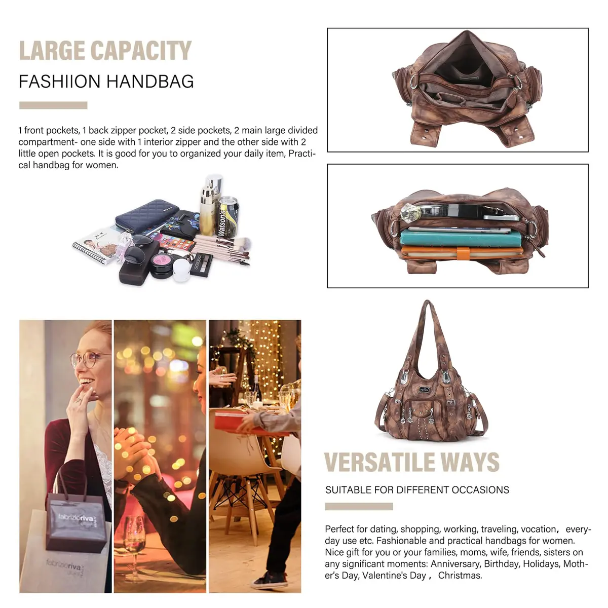 Angel Kiss Large Hobo Handbag for Women Brown | Soft PU Leather, Multi-Pocket Organizer - view 7