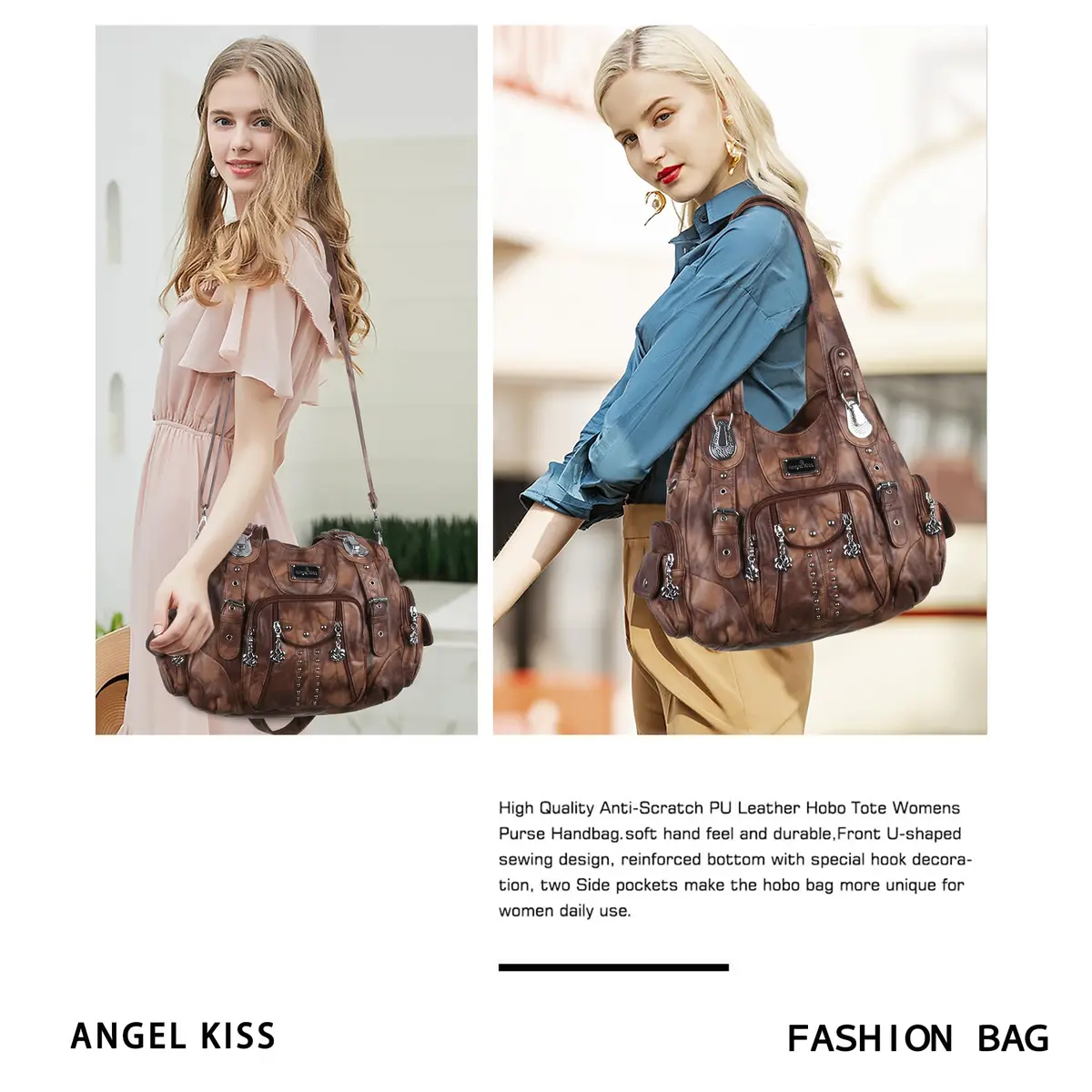Angel Kiss Large Hobo Handbag for Women Brown | Soft PU Leather, Multi-Pocket Organizer - view 2