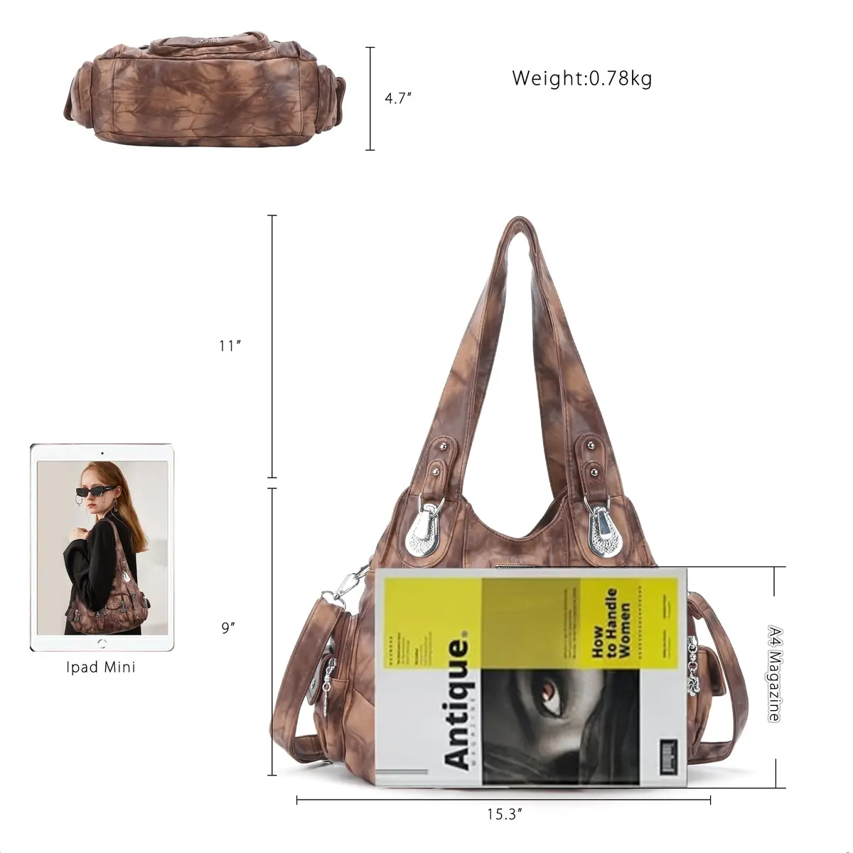Angel Kiss Large Hobo Handbag for Women Brown | Soft PU Leather, Multi-Pocket Organizer - view 3