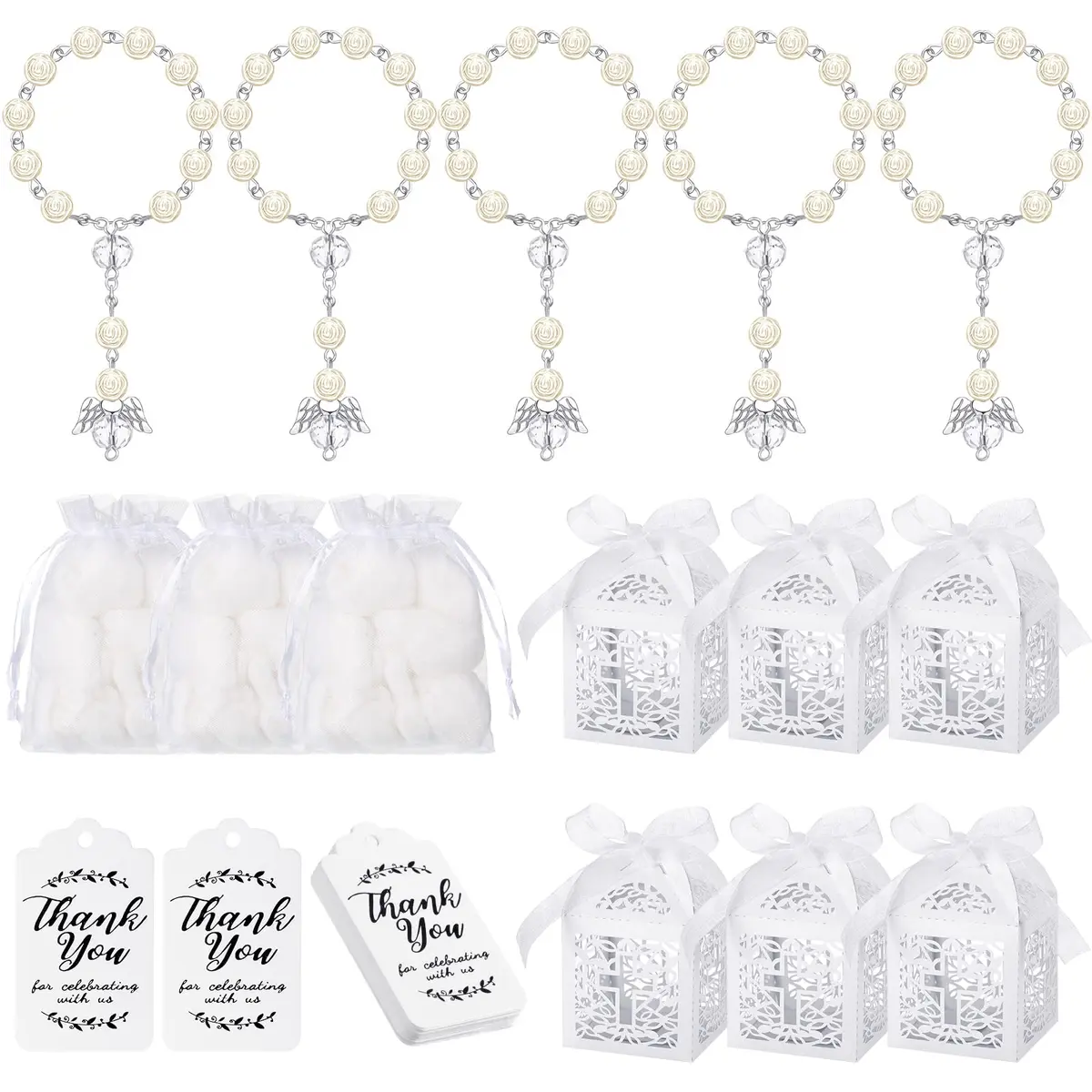 MTLEE 100 Pcs Baptism Rosary Set with Gift Boxes, Organza Bags & Thank You Tags | First Communion Favors - main product image