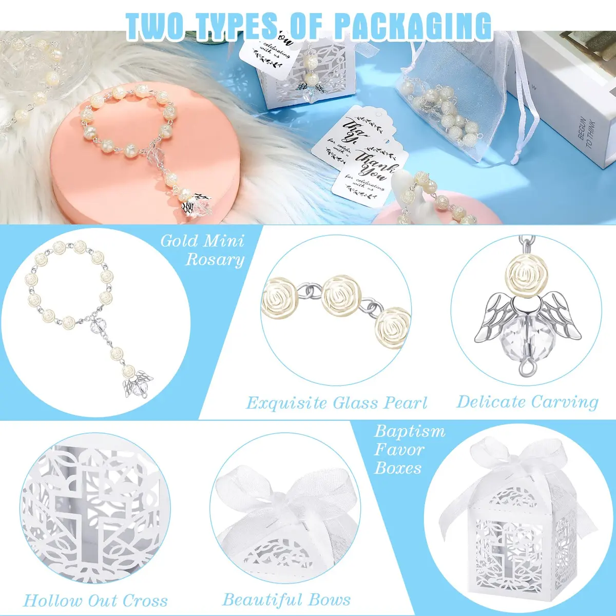 MTLEE 100 Pcs Baptism Rosary Set with Gift Boxes, Organza Bags & Thank You Tags | First Communion Favors - view 3