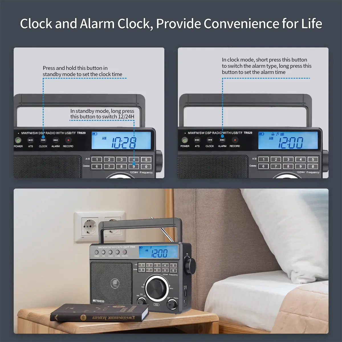 Retekess TR629 Portable Shortwave Radio with Digital AM FM SW, LCD Backlight, Alarm, Recorder, Black - view 5