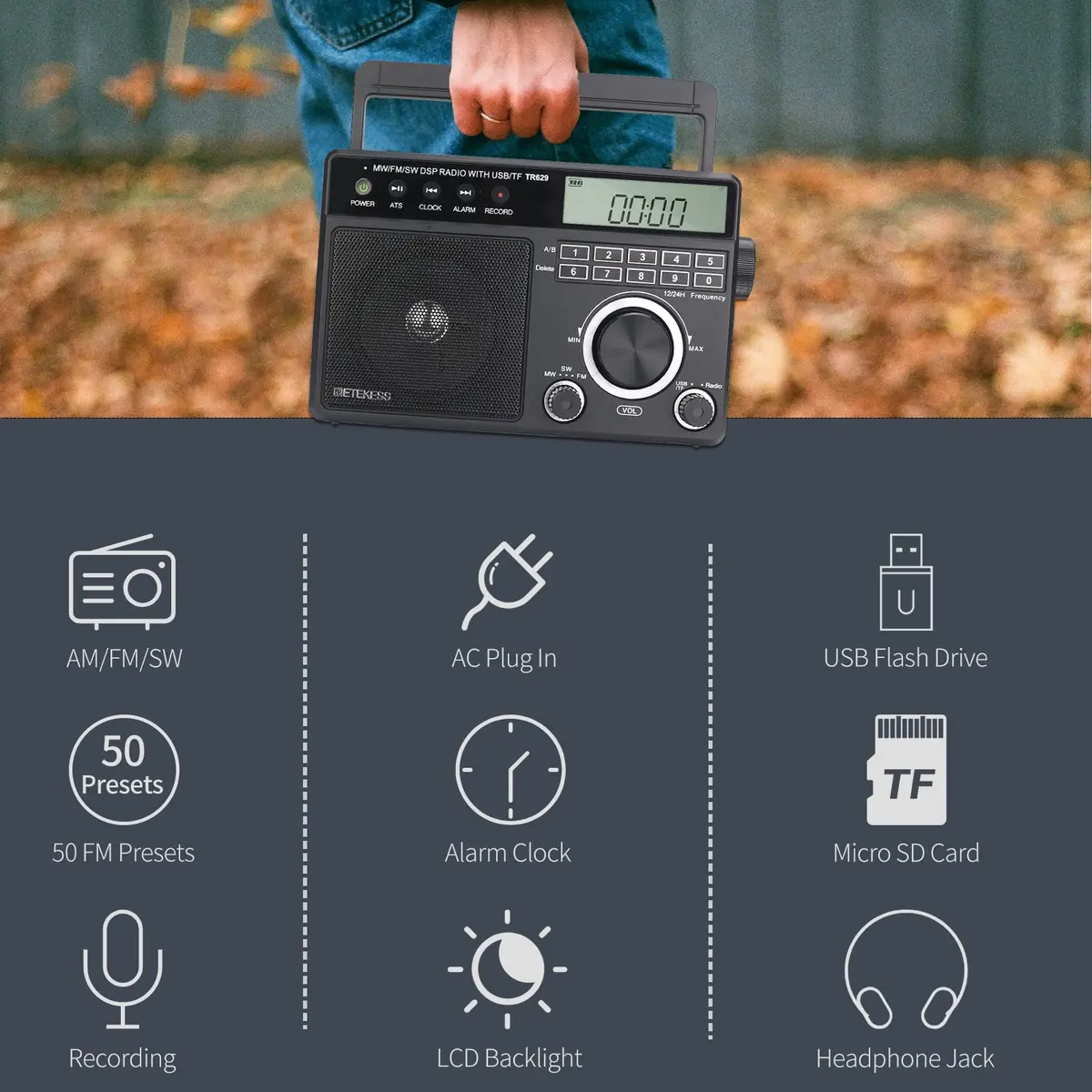 Retekess TR629 Portable Shortwave Radio with Digital AM FM SW, LCD Backlight, Alarm, Recorder, Black - view 6