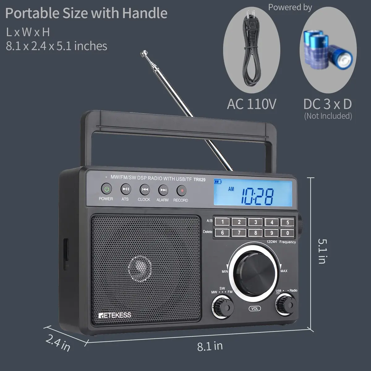 Retekess TR629 Portable Shortwave Radio with Digital AM FM SW, LCD Backlight, Alarm, Recorder, Black - view 7