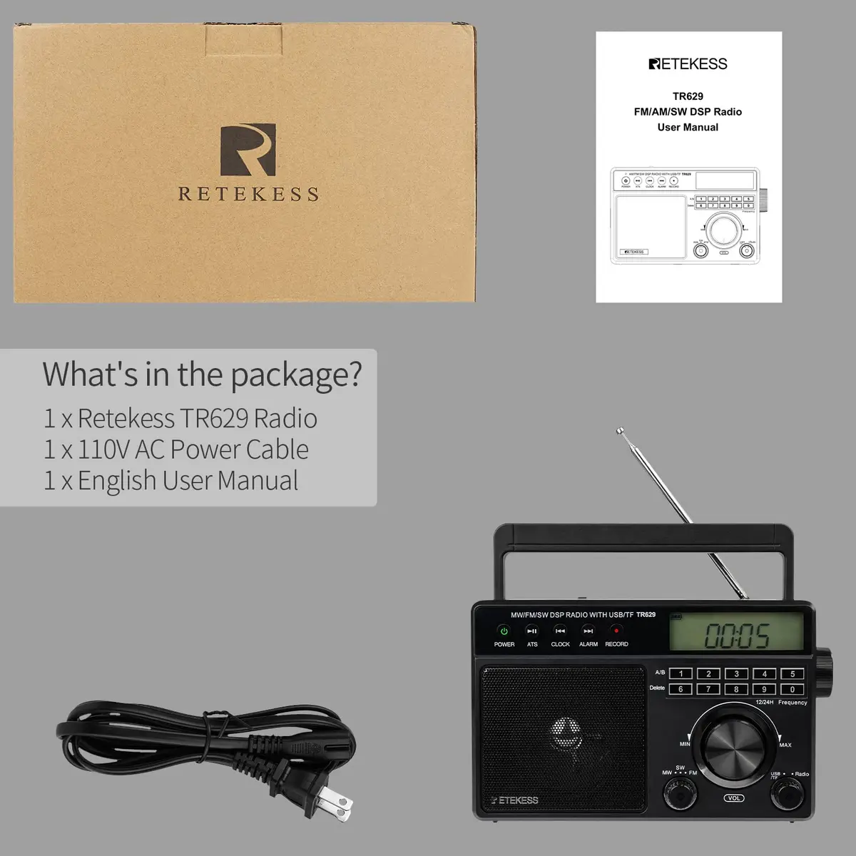 Retekess TR629 Portable Shortwave Radio with Digital AM FM SW, LCD Backlight, Alarm, Recorder, Black - view 8