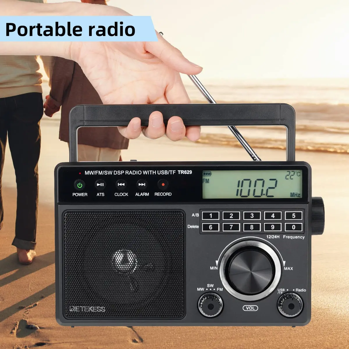 Retekess TR629 Portable Shortwave Radio with Digital AM FM SW, LCD Backlight, Alarm, Recorder, Black - view 2