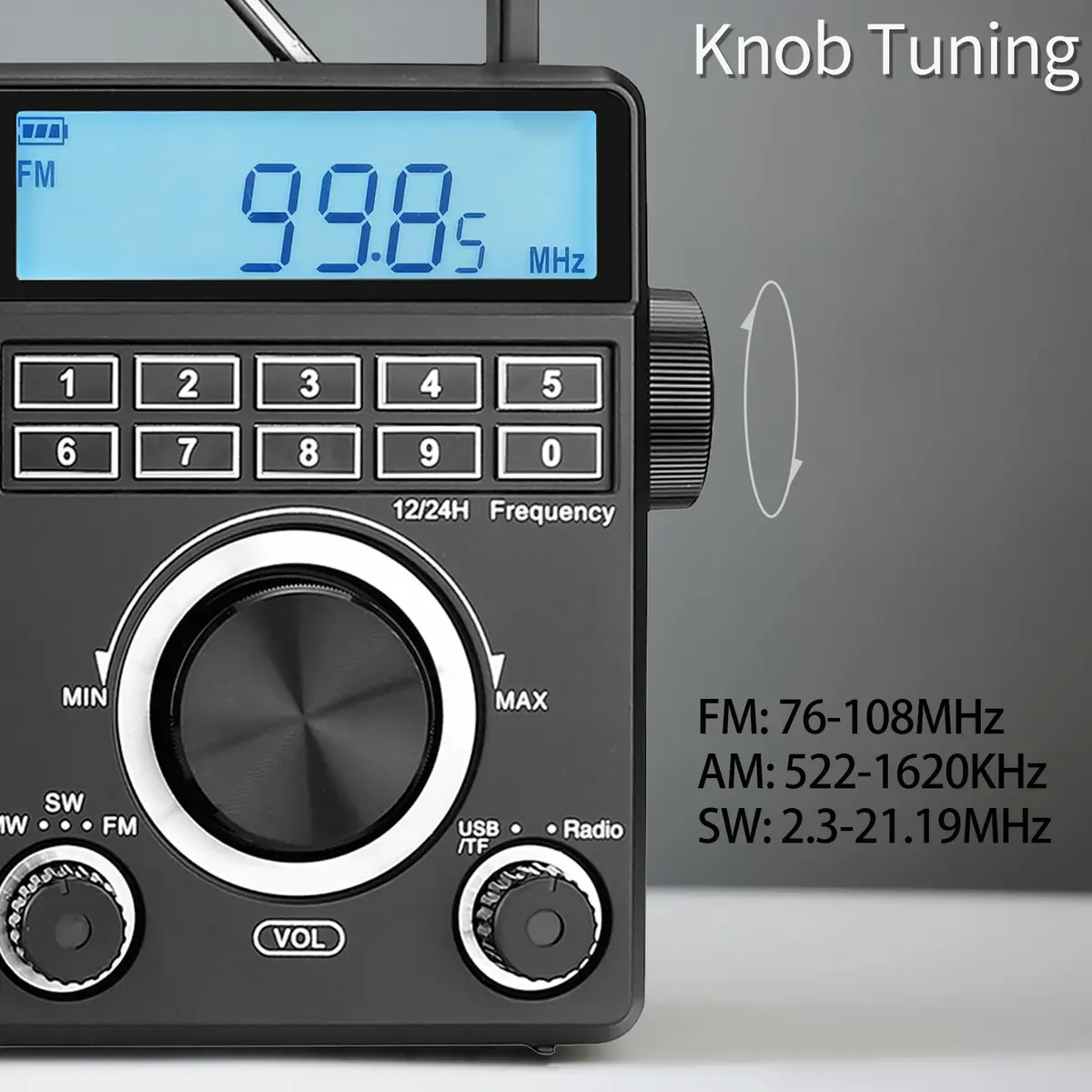 Retekess TR629 Portable Shortwave Radio with Digital AM FM SW, LCD Backlight, Alarm, Recorder, Black - view 3