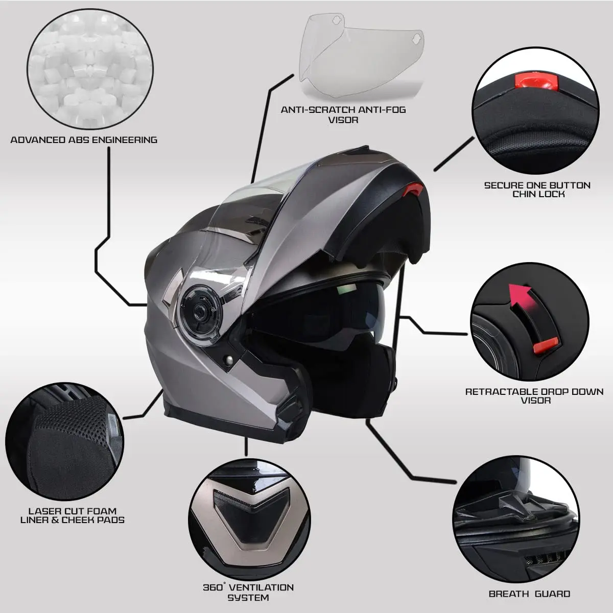 Milwaukee Helmets MPH9808DOT 'Ionized' Silver Motorcycle Modular Helmet X-Large | DOT Approved, Drop Down Visor - view 2