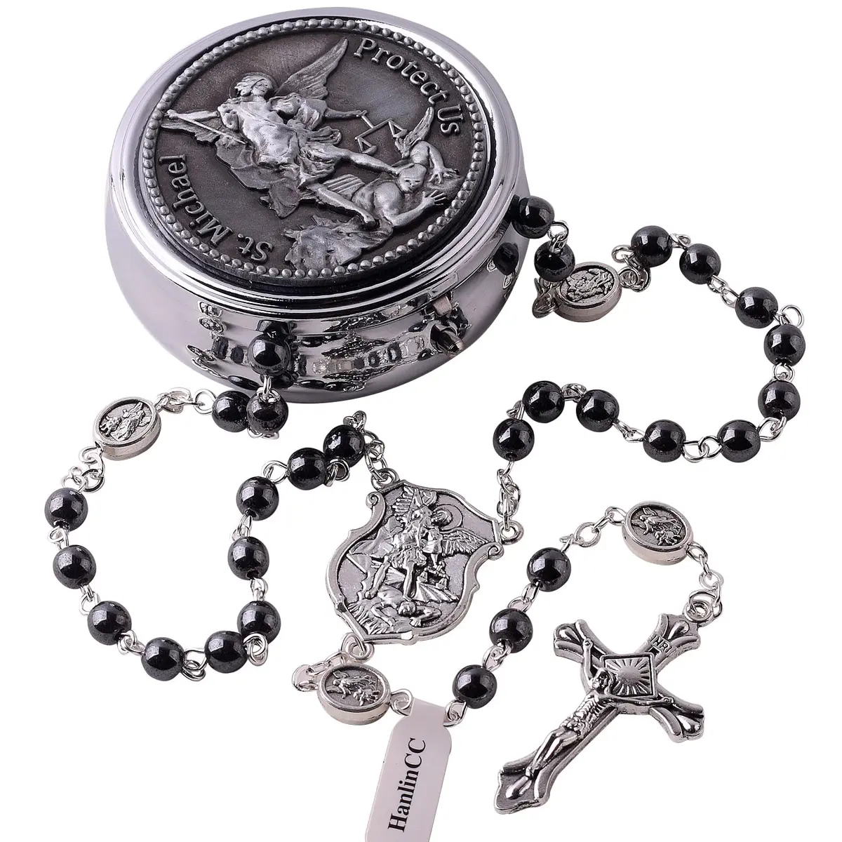 HanlinCC Catholic Rosary Saint Michael Hematite Bead Necklace with Gift Box | 20.8-inch Black Hematite Beads for Men - main product image