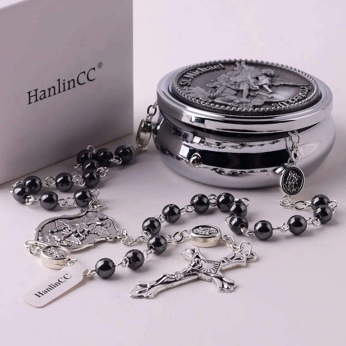 HanlinCC Catholic Rosary Saint Michael Hematite Bead Necklace with Gift Box | 20.8-inch Black Hematite Beads for Men - view 5