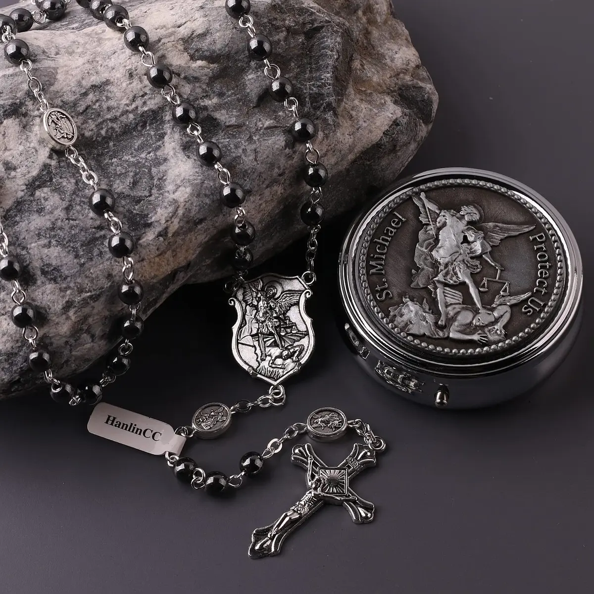 HanlinCC Catholic Rosary Saint Michael Hematite Bead Necklace with Gift Box | 20.8-inch Black Hematite Beads for Men - view 6