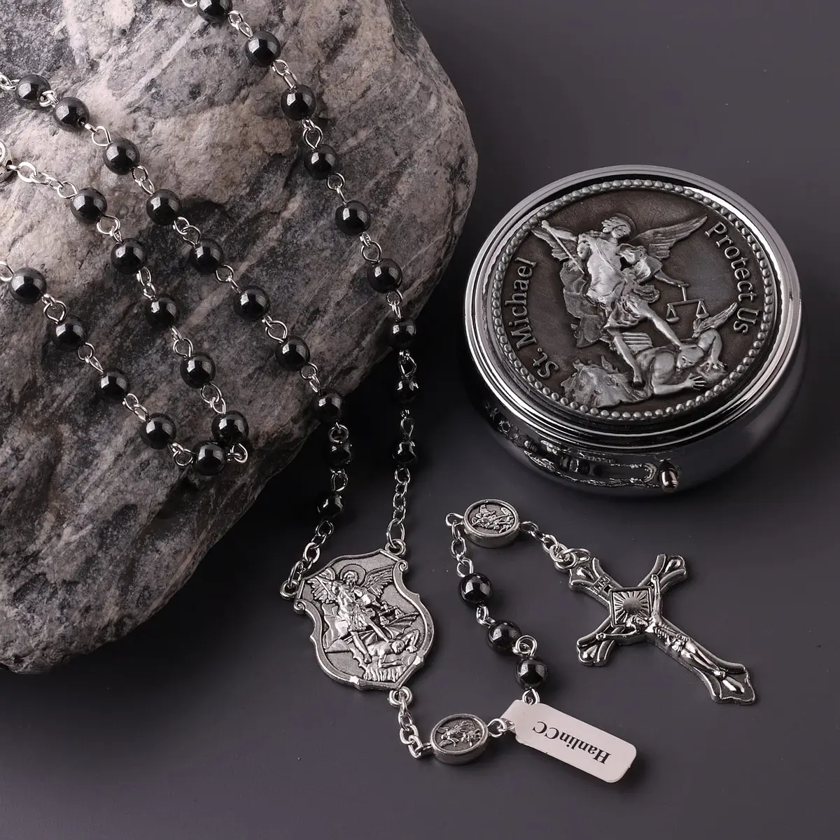 HanlinCC Catholic Rosary Saint Michael Hematite Bead Necklace with Gift Box | 20.8-inch Black Hematite Beads for Men - view 7