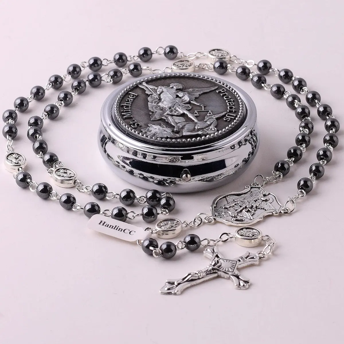 HanlinCC Catholic Rosary Saint Michael Hematite Bead Necklace with Gift Box | 20.8-inch Black Hematite Beads for Men - view 3