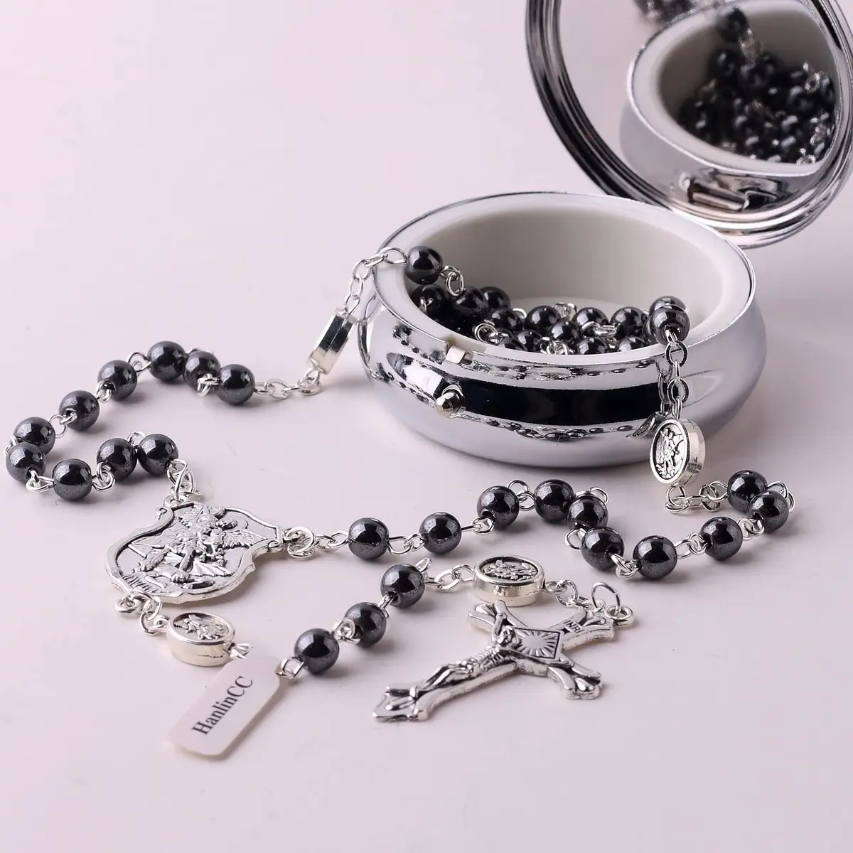 HanlinCC Catholic Rosary Saint Michael Hematite Bead Necklace with Gift Box | 20.8-inch Black Hematite Beads for Men - view 4