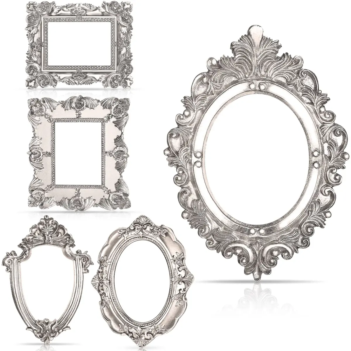 Yalikop Mini Vintage Silver Resin Picture Frames (4.92 x 4 in / 12.5 x 10.2 cm) | Set of 5 Ornate Floral Frames for Wall & Tabletop Display - main product image