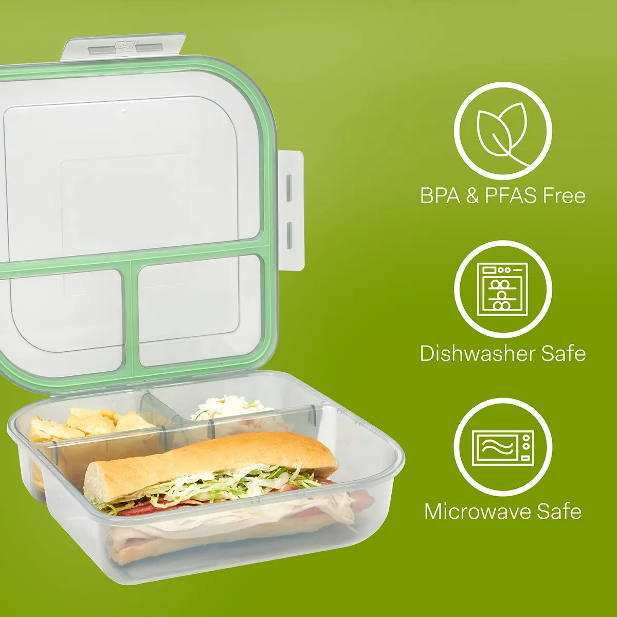 MyGo Container Large To-Go 3-Compartment Food Containers | Reusable Microwave Safe NSF Certified Smoke/Green - view 4