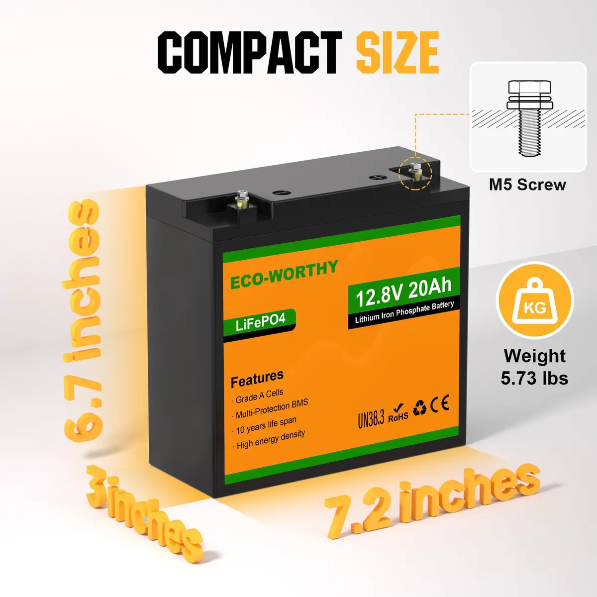 ECO-WORTHY 12V 20Ah LiFePO4 Lithium Battery | Deep Cycle Rechargeable Power for Outdoors - view 2