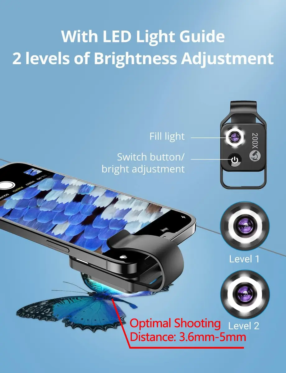 Evil eye 200X Phone Mini Pocket Microscope with LED Light/Universal Clip | Nano Zoom Portable Digital Microscope for Smartphone (Black 200X with CPL) - view 5