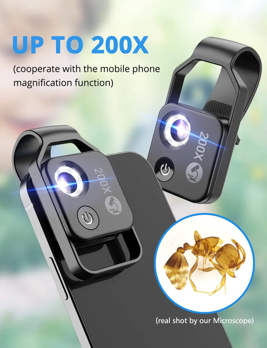 Evil eye 200X Phone Mini Pocket Microscope with LED Light/Universal Clip | Nano Zoom Portable Digital Microscope for Smartphone (Black 200X with CPL) - view 2