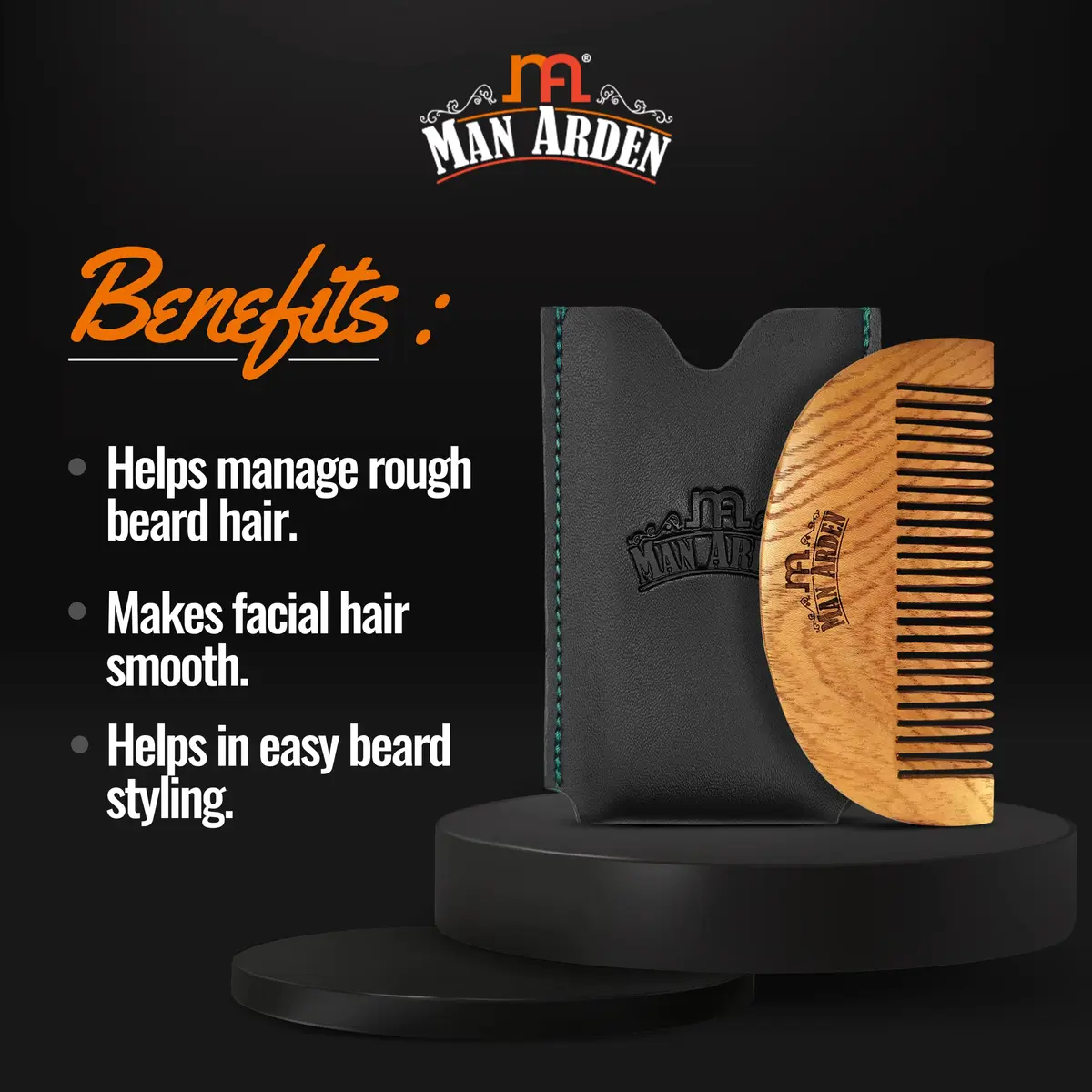 Man Arden Pure Neem Wooden Pocket Size Beard Comb with Faux Leather Pouch | Beard Styling on the Go - view 5