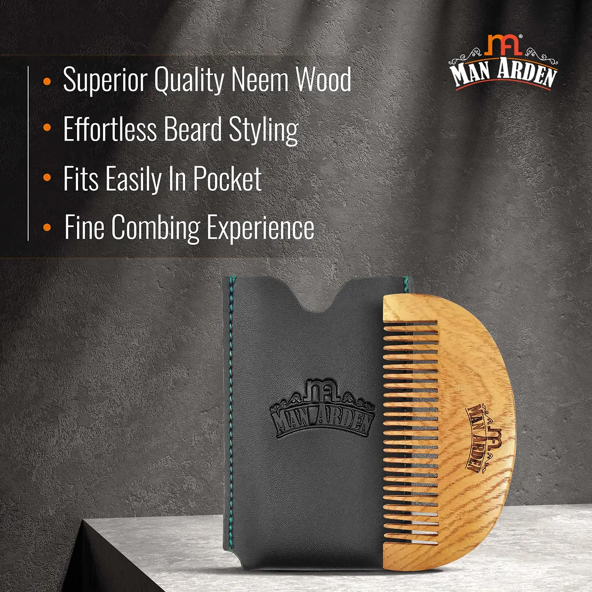 Man Arden Pure Neem Wooden Pocket Size Beard Comb with Faux Leather Pouch | Beard Styling on the Go - view 6