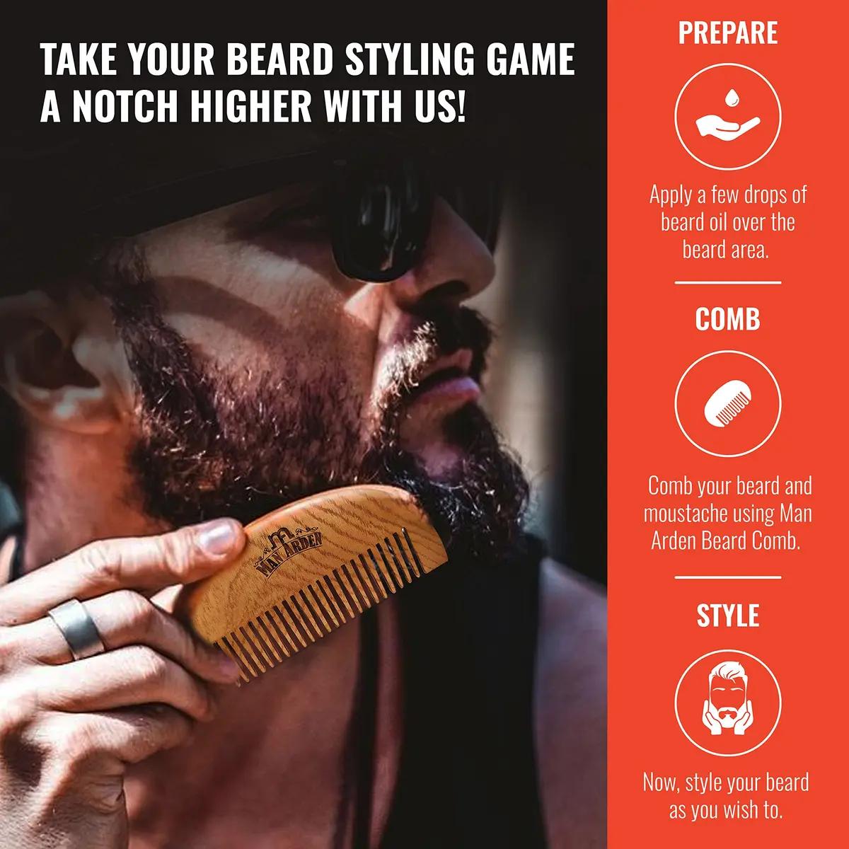 Man Arden Pure Neem Wooden Pocket Size Beard Comb with Faux Leather Pouch | Beard Styling on the Go - view 3