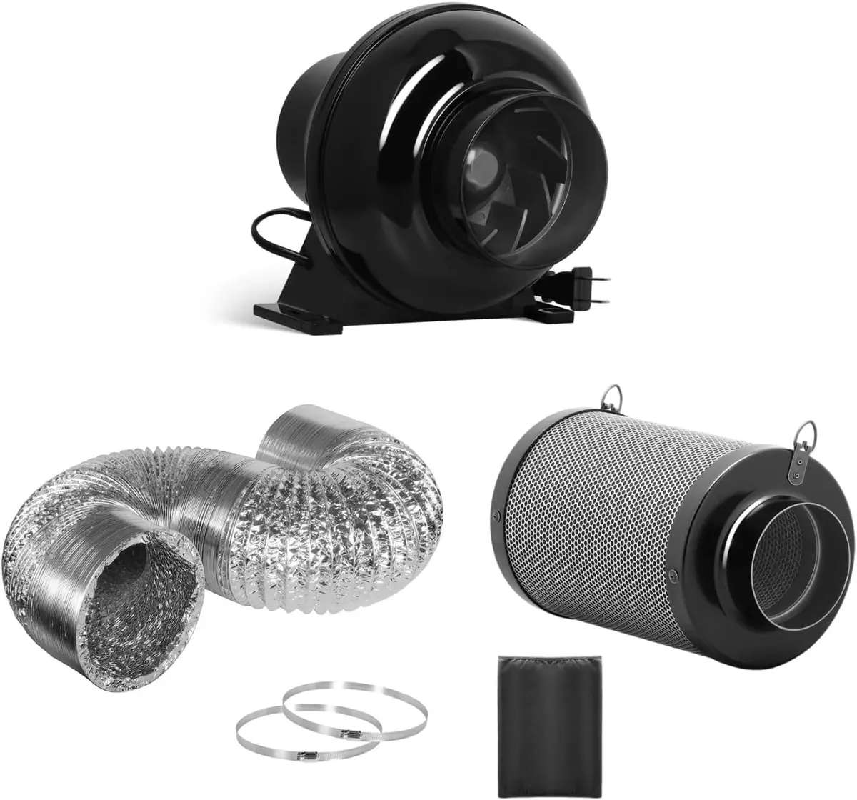 iPower 4 Inch 195 CFM Inline Ventilation Fan with Carbon Filter & Ducting | Grow Tent Air Circulation - main product image
