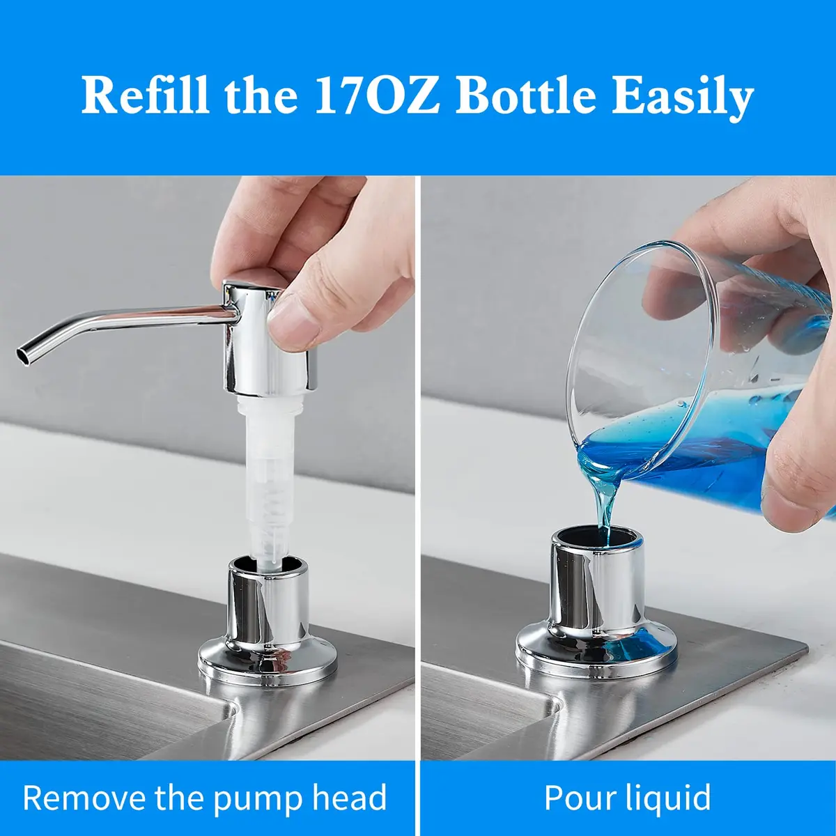 DOILIESE Built-in Soap Dispenser for Kitchen Sink, Chrome Stainless Steel Countertop Pump Head with 17OZ Refillable Bottle | Easy Top-Fill Design - view 4