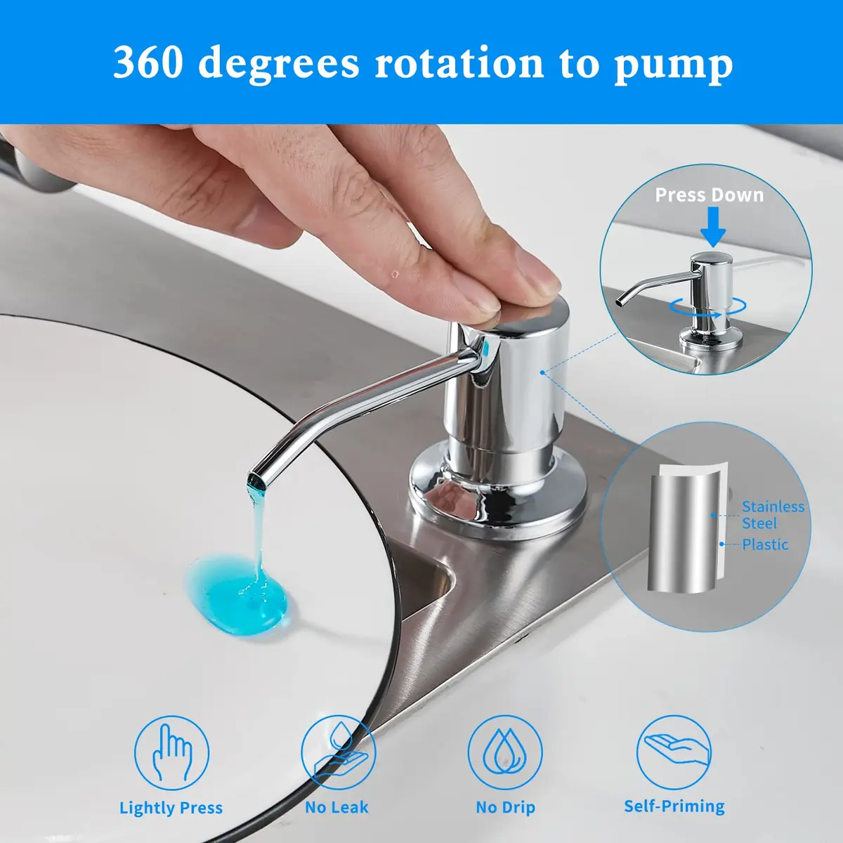 DOILIESE Built-in Soap Dispenser for Kitchen Sink, Chrome Stainless Steel Countertop Pump Head with 17OZ Refillable Bottle | Easy Top-Fill Design - view 5