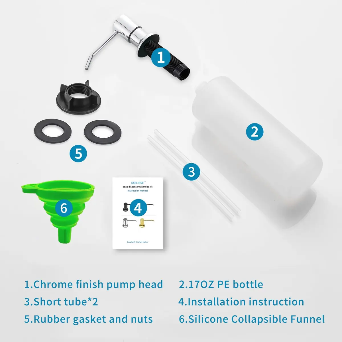 DOILIESE Built-in Soap Dispenser for Kitchen Sink, Chrome Stainless Steel Countertop Pump Head with 17OZ Refillable Bottle | Easy Top-Fill Design - view 7