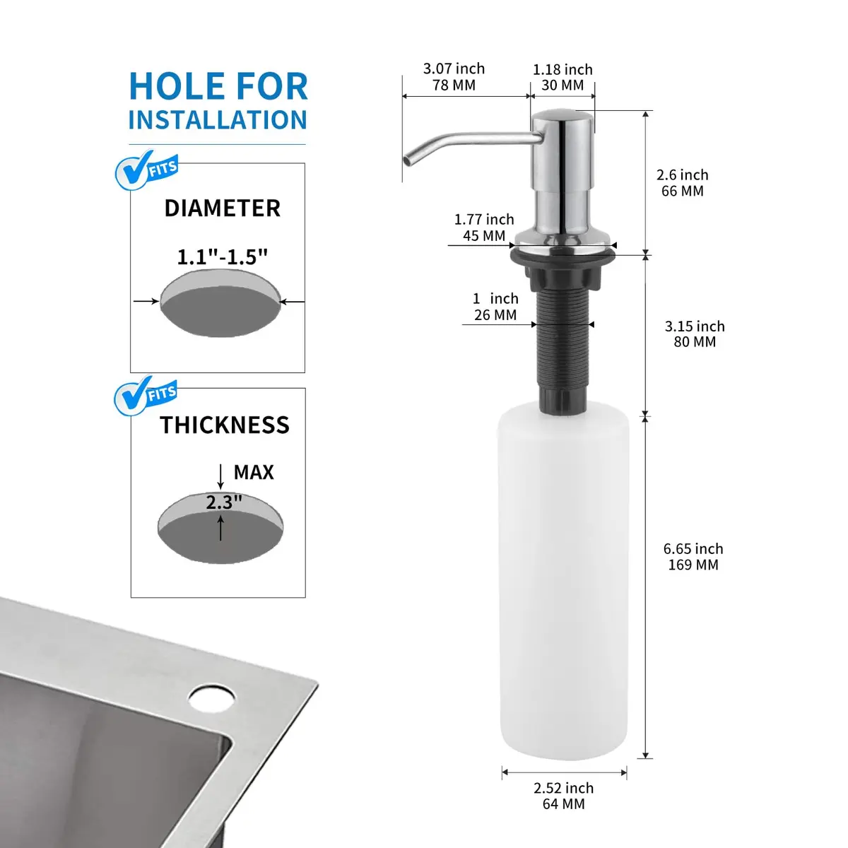 DOILIESE Built-in Soap Dispenser for Kitchen Sink, Chrome Stainless Steel Countertop Pump Head with 17OZ Refillable Bottle | Easy Top-Fill Design - view 2